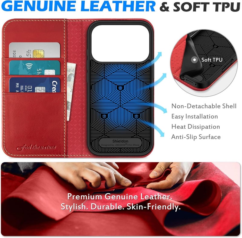 SHIELDON Genuine Leather Case Wallet for iPhone 17 Pro 6.3-inch 2025 | Book Design | Magnetic | Kickstand | RFID Blocking Credit Card Holder | Soft Shockproof Phone Cover | Retro Red - Image 3
